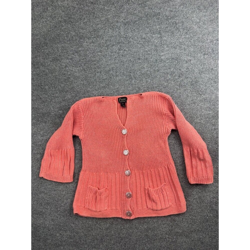 Pure Handknit Cardigan Sweater Women's M/L Pink Silver Metallic Button Pockets